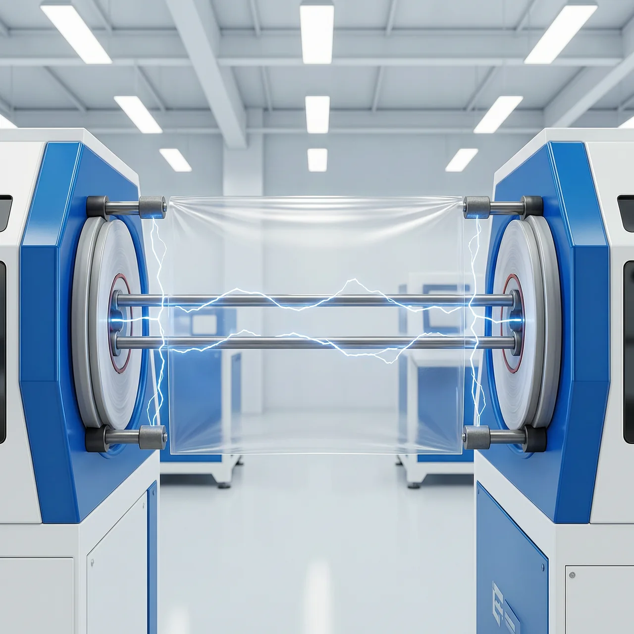 Corona treater illustration — film passing through electrode bars