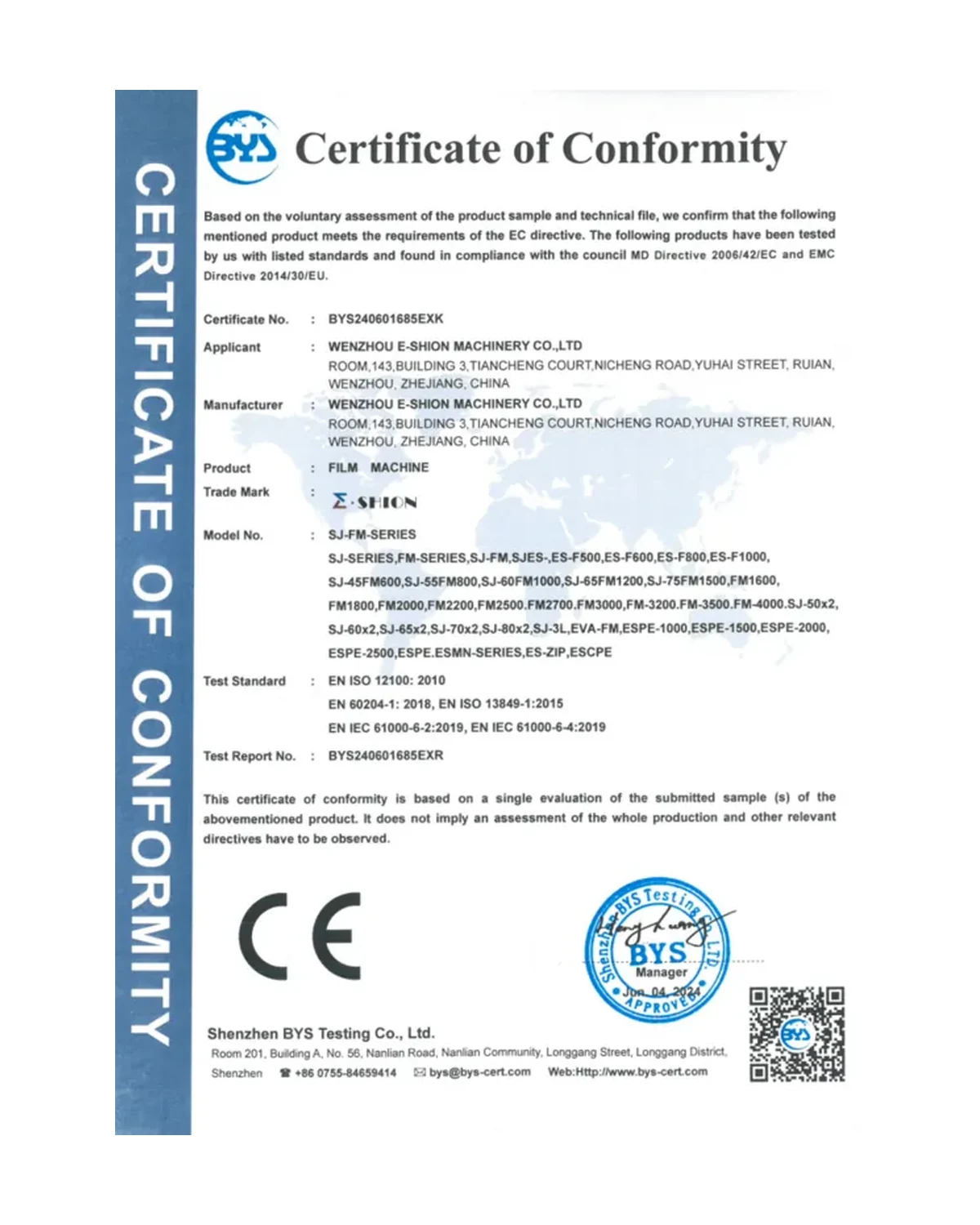 CE Certificate — Film Machine Series